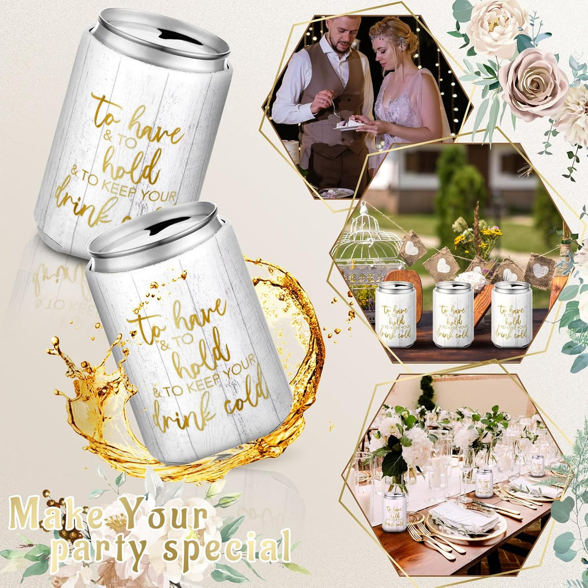 50 Pieces Wood Grain Wedding Can Cooler Sleeves Bulk Engagement Party Favors for Guests Cheers to