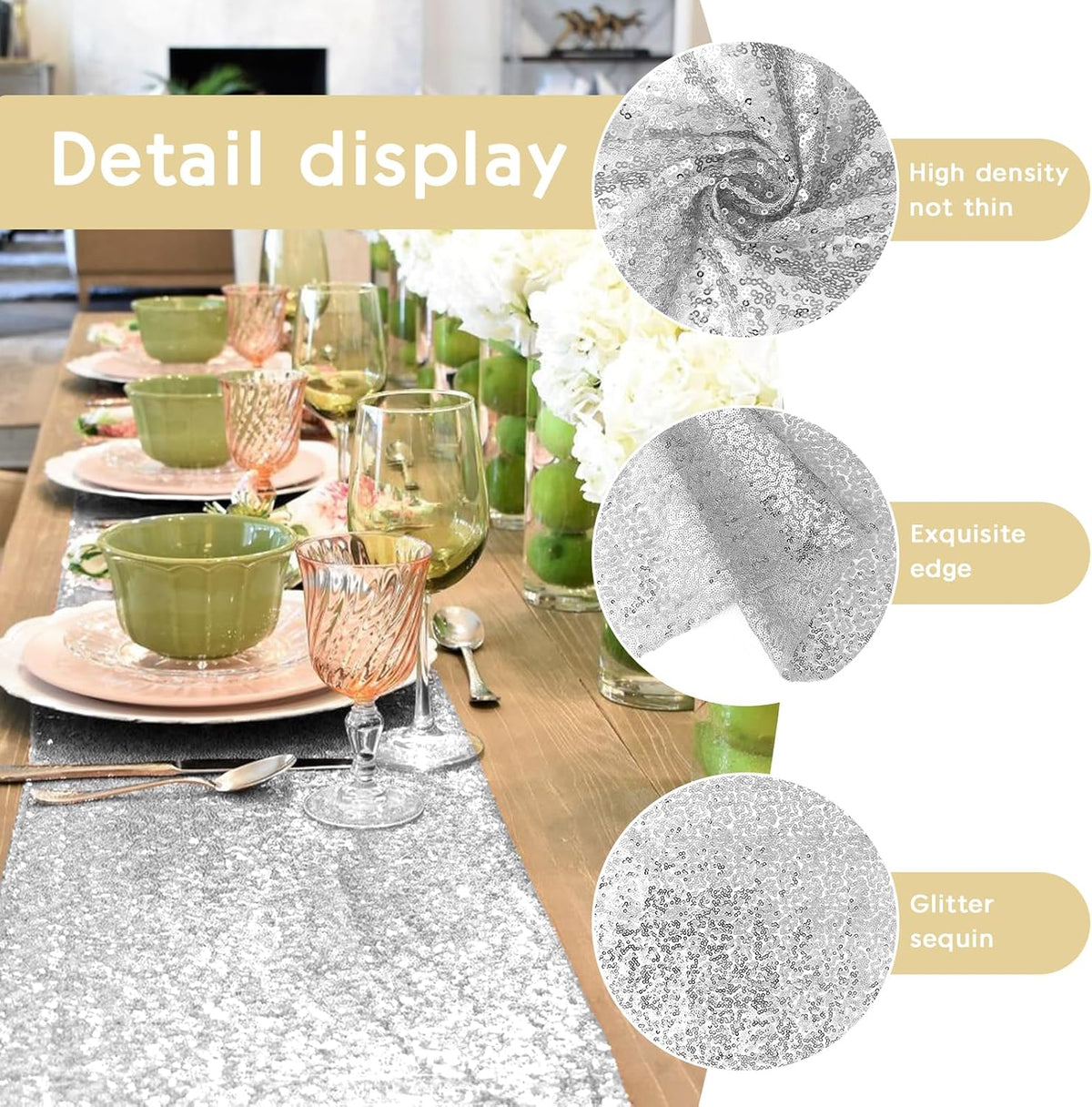 6 Packs 12 x 72 inches Sequin Table Runner, Silver Glitter Table Runner for Birthday Party Supplies
