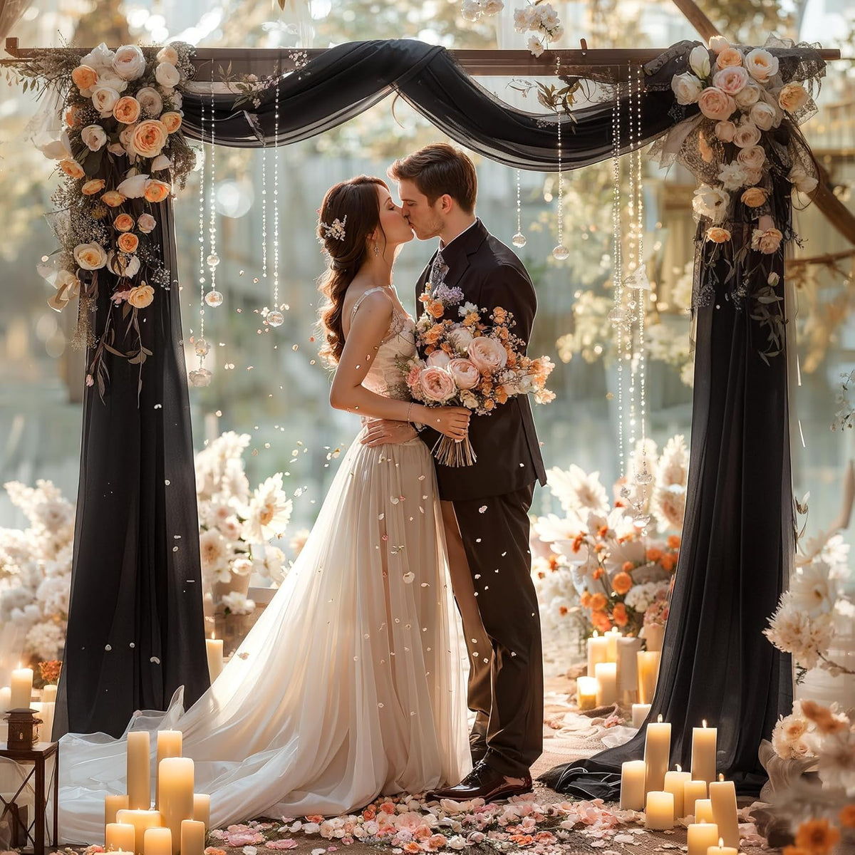 Black Wedding Arch Draping Fabric 2 Panels 30'' x 20FT Black Drapes Sheer Fabric Backdrop Arch
