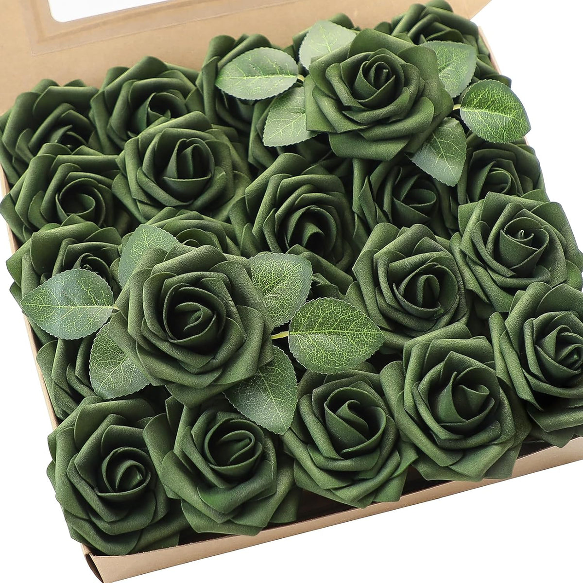 Floroom Artificial Flowers 50pcs Real Looking Emerald Green Foam Fake Roses with Stems for DIY