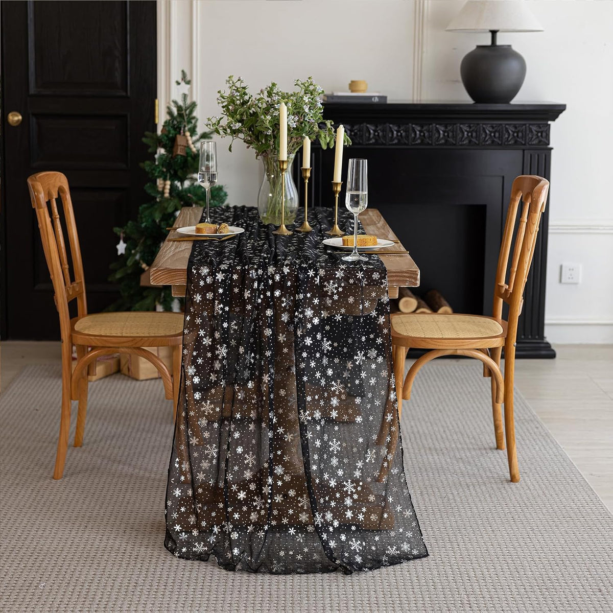 Silvery Snowflake Metallic Print Tulle Christmas Table Runner, Seasonal Winter Kitchen Dining Table