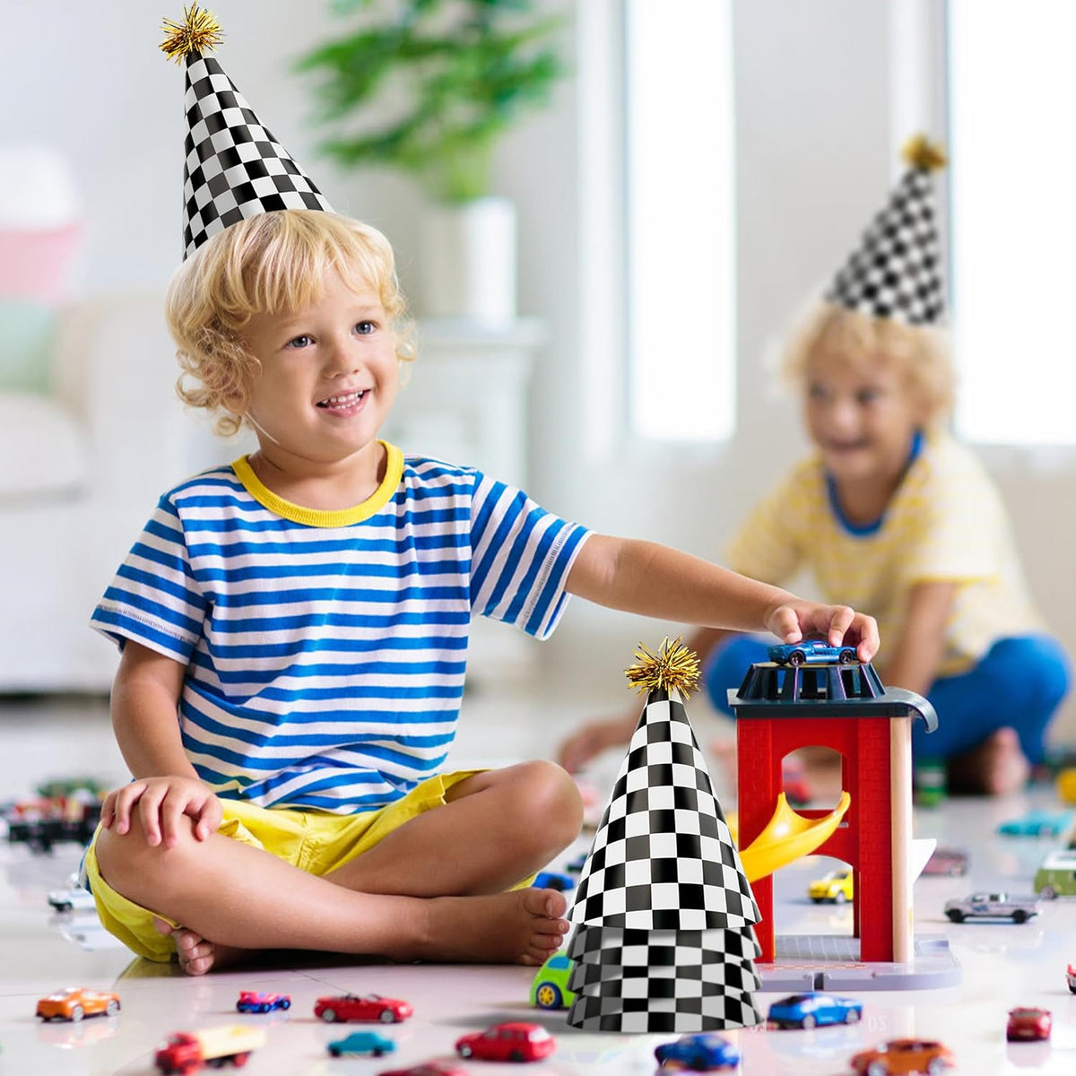 48 Race Car Birthday Party Hats Race Car Party Supplies Include Black White Checkered Cone Hats