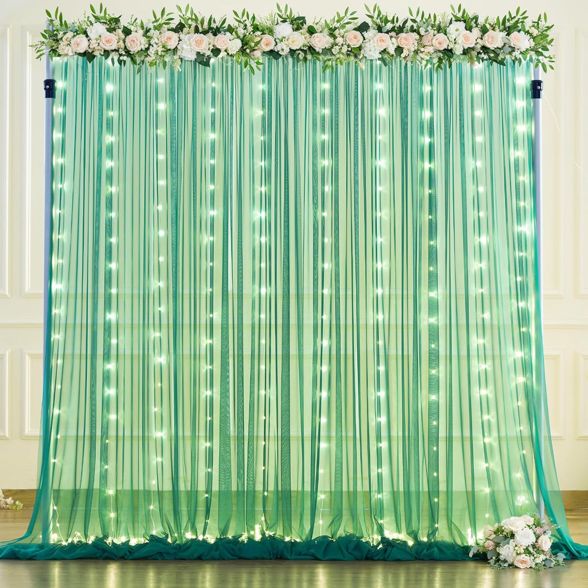 Hunter Green Tulle Backdrop Curtains with Lights String for Parites 10x8ft Sheer Backdrop Curtains