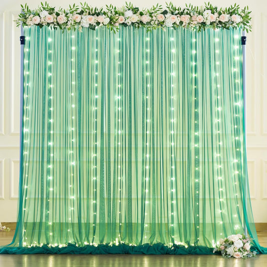 Hunter Green Tulle Backdrop Curtains with Lights String for Parites 10x8ft Sheer Backdrop Curtains