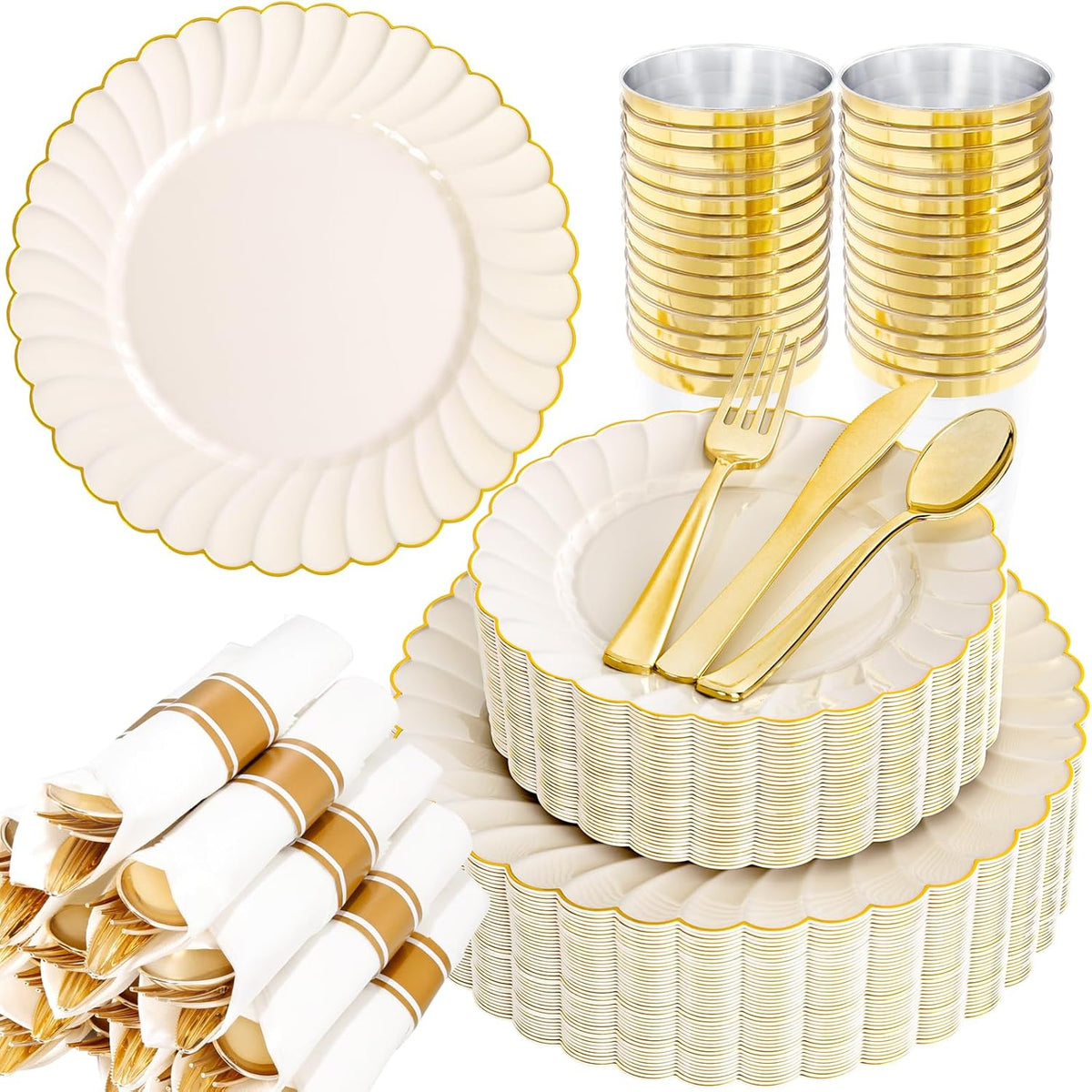 YOUBET 350PCS Ivory Scalloped Plastic Plates - Ivory and Gold Disposable Dinnerware Set Include 100