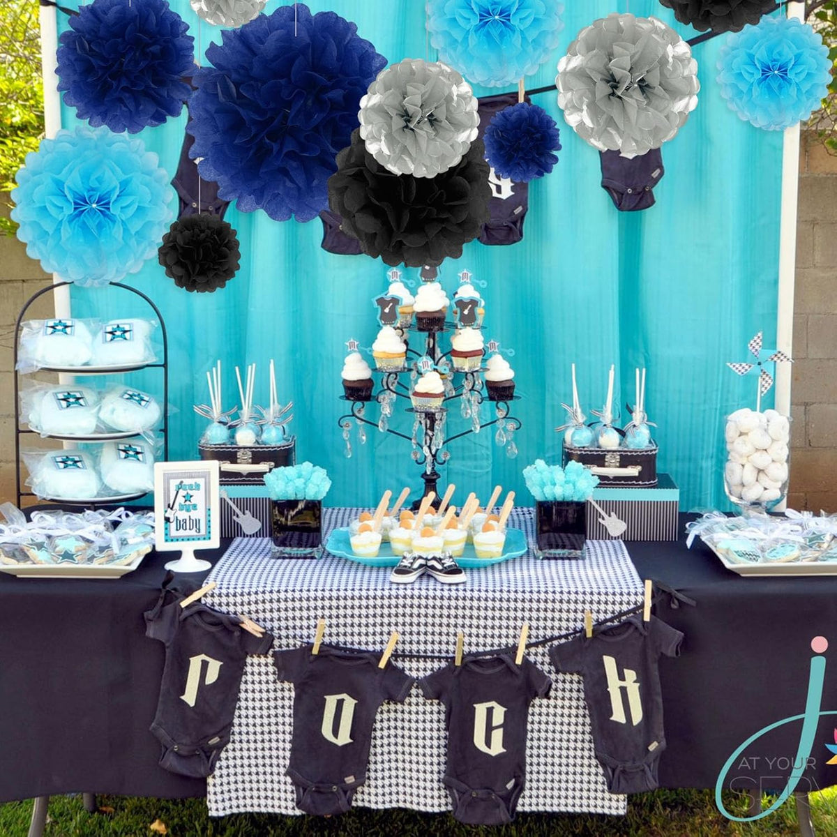 Tissue Paper Pom Poms, Black Silver Blue Tissue Paper Flowers, Hanging Flower Balls for Weddings