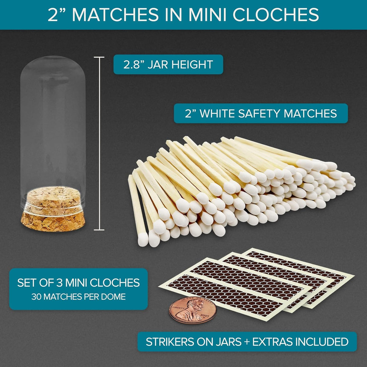 2" White Tip Matches with 3 Mini Cloche Jar + Striker Stickers Included | 100 Classic White