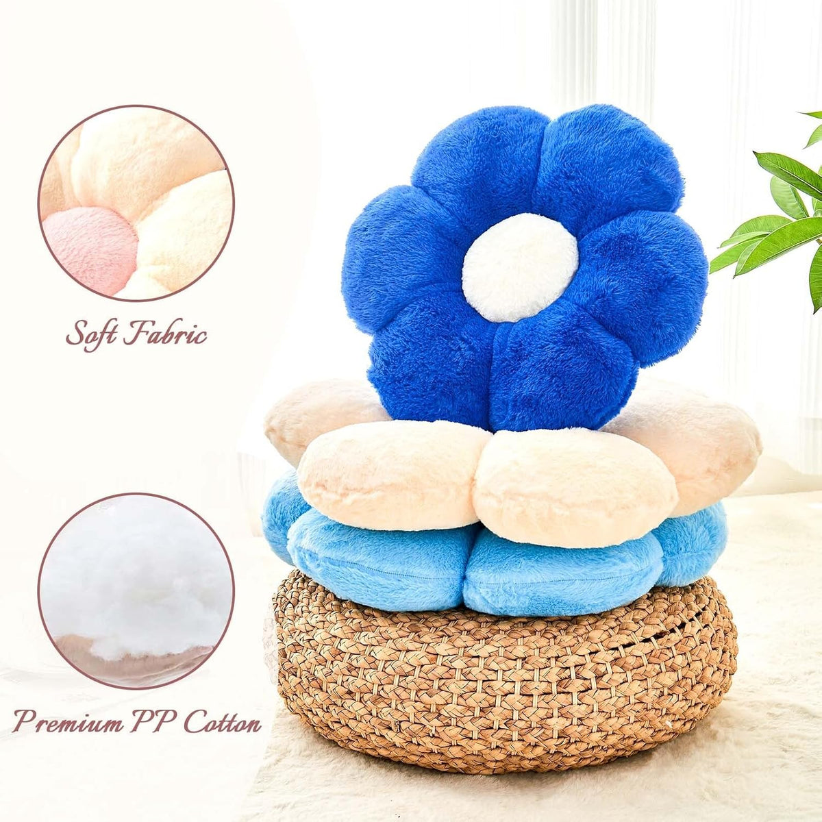 Beige Flower Pillow, Cute Decorative Flower Shaped Throw Pillow with Faux Rabbit Fur, 14.9" Soft