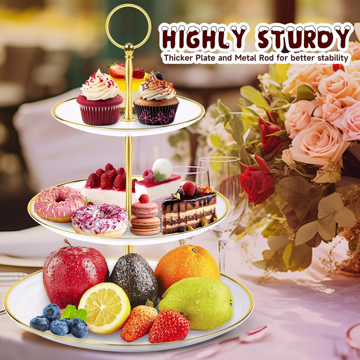 PinCute Cupcake Stand Holder - 3 Tier Cup Cake Dessert Tower, Plastic Tiered Serving Tray&Metal Rod