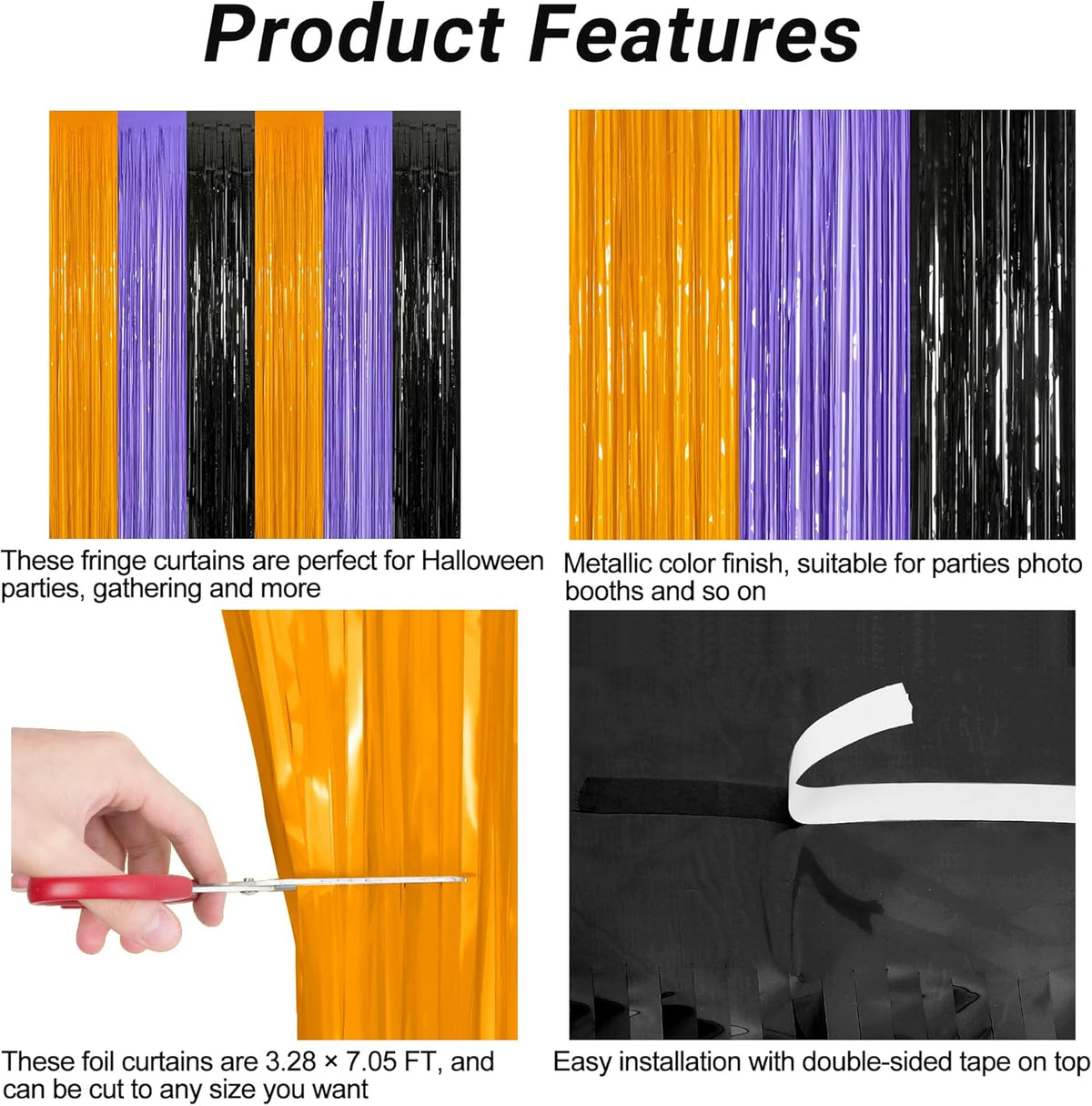 2 Pack Halloween Backdrop, 3.28 FT x 7.05 FT Foil Fringe Curtains, Orange Purple Black Party