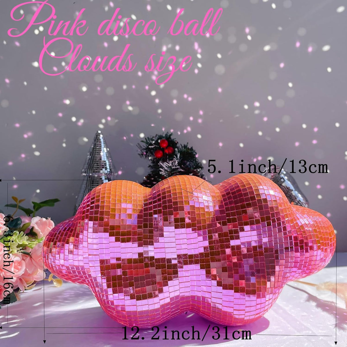 Pink Disco Ball Cloud Shaped, Hanging Disco Decor for Party,Room,Home, Retro Reflective Mirror Ball