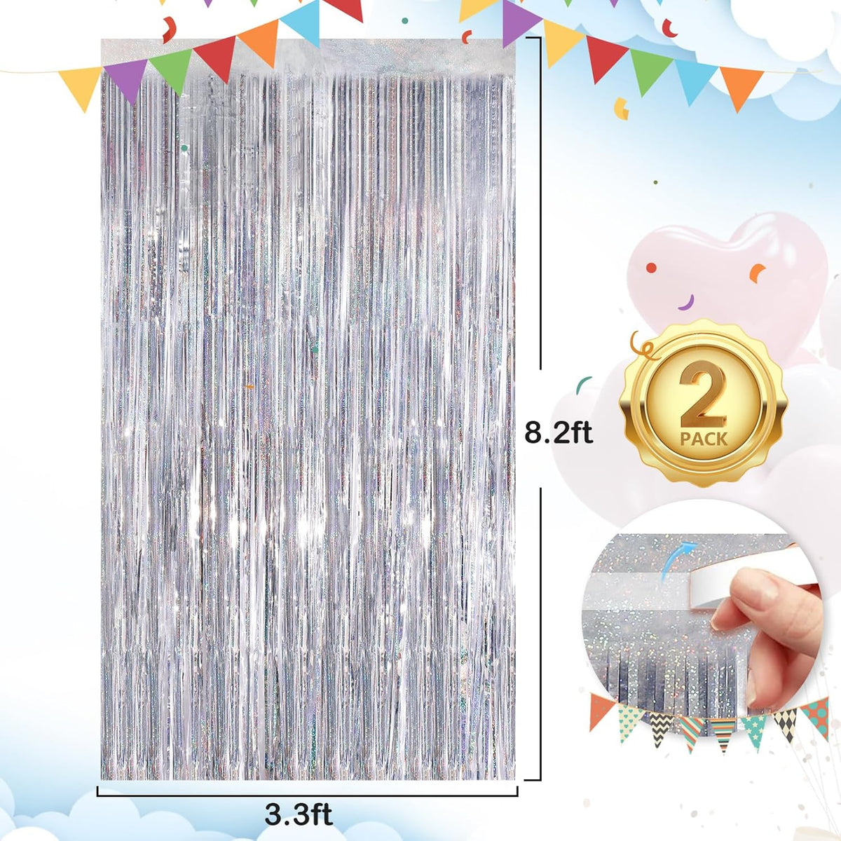 Silver Party Streamers 2Pack Metallic Tinsel Foil Fringe Curtains 3.3X 8.3ft Party Decors for Photo