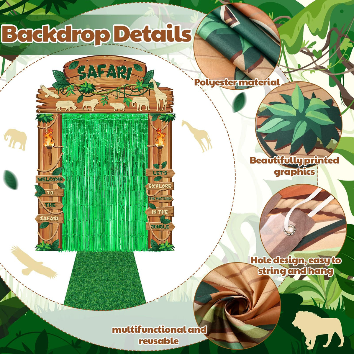 VitalCozy 7 Pcs VBS 2026 Safari Jungle Door Banner Foil Fringe Curtain Rug