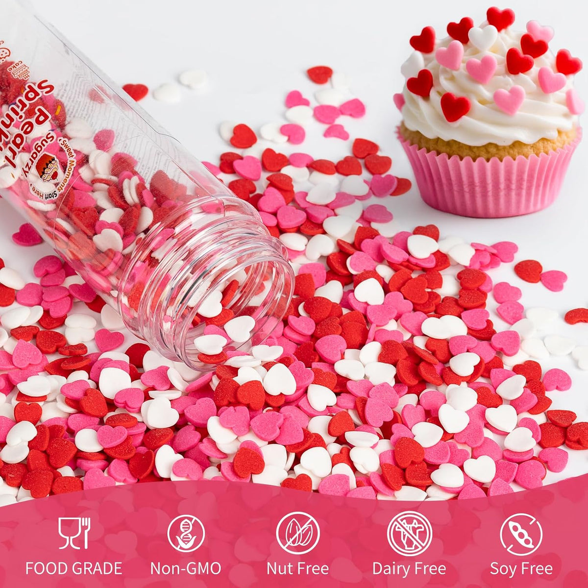 Edible Heart Sprinkles,Red Pink White Heart Shapes Mix,Sugar Sprinkles for Decorations Baking,Cake