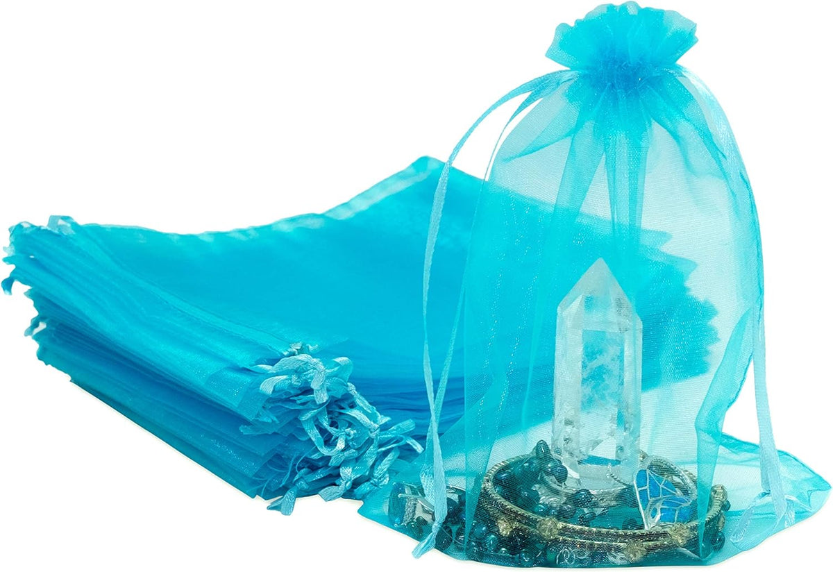 TheDisplayGuys 100-Pack 6x8 Turquoise Blue Sheer Organza Gift Bags with Drawstring, Jewelry Candy