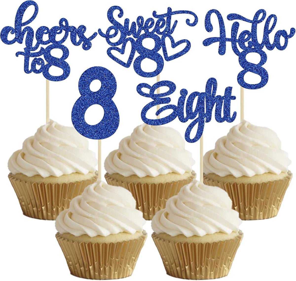 30Pcs 8th Birthday Cupcake Toppers Glitter Eight Hello 8 Cupcake Picks Cheers to 8 Years Old Cake