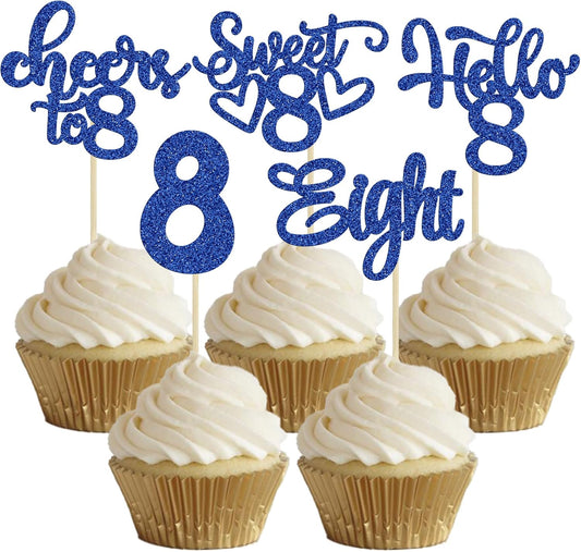 30Pcs 8th Birthday Cupcake Toppers Glitter Eight Hello 8 Cupcake Picks Cheers to 8 Years Old Cake