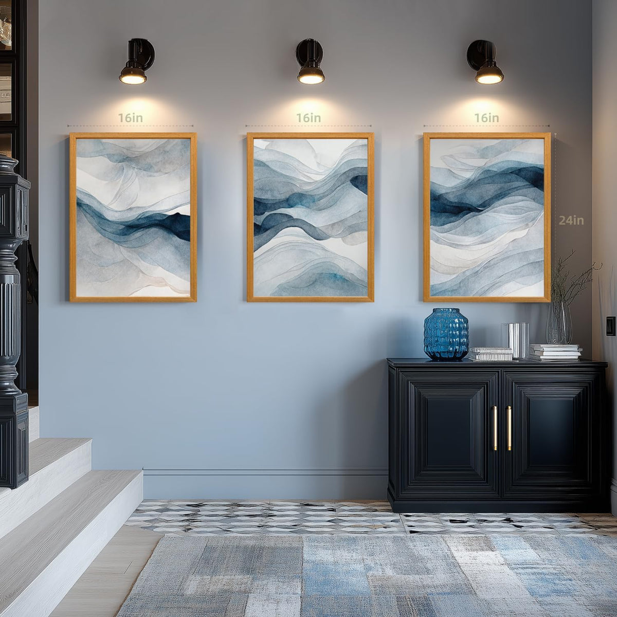 IAFWZX Wood Framed Blue Gray Abstract Wall Art, Modern Minimalist Waves Wall Decor, Neutral