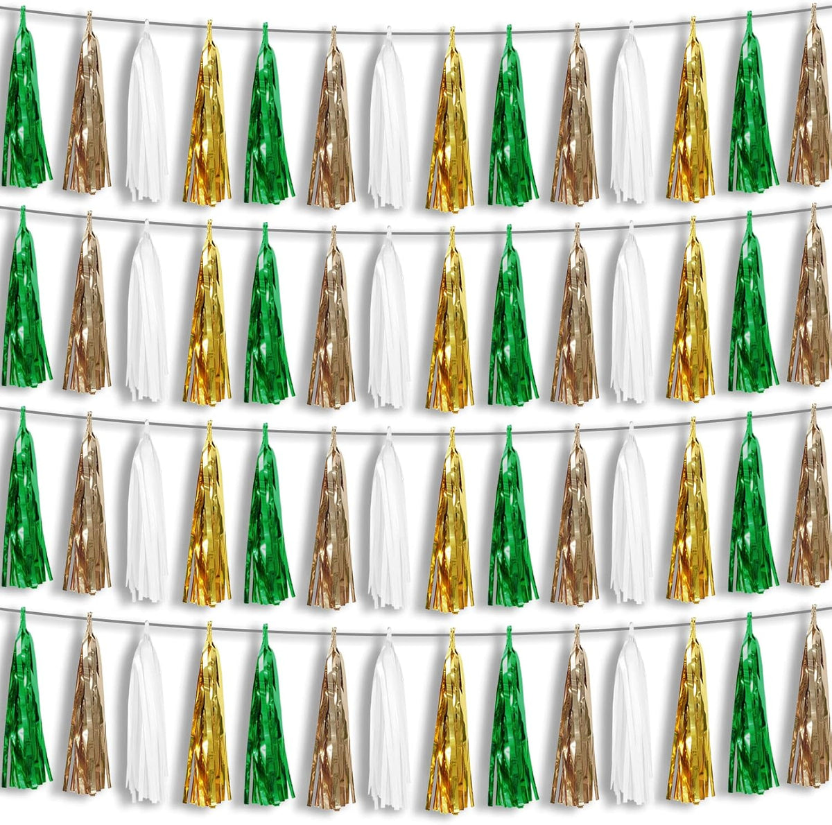 4P Sage-Green Beige-Mint Gold Foil Fringe Metallic Tassel Garland Banner, Tassels Banner Streamers