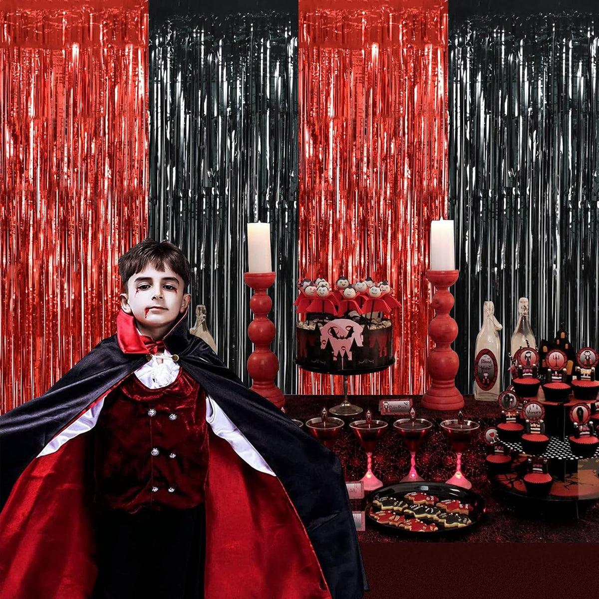 BEISHIDA 4 Pcs Red and Black Door Streamers Foil Curtain Red and Black Party Decoration Backdrop
