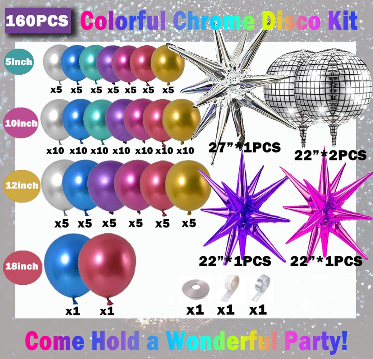 161pcs Shiny Chrome Balloon Garland Arch Kit Retro Disco Dance Party Decorations with 4D Disco Ball