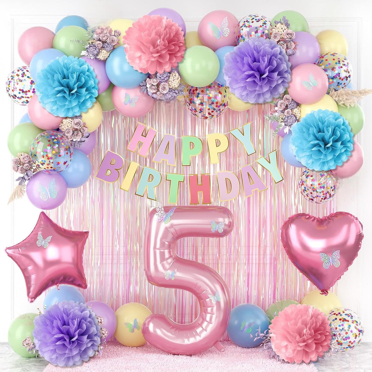 Pastel 5th Birthday Party Decorations for Girls Number 5 Balloon Happy Birthday Banner Butterfly