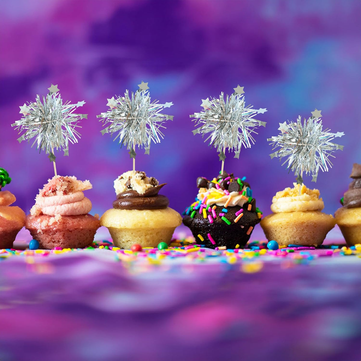 Gyufise 30Pcs Foil Firework Cupcake Toppers Sparkle Tinsel Star Cake Toppers Tinsel Drink Cake