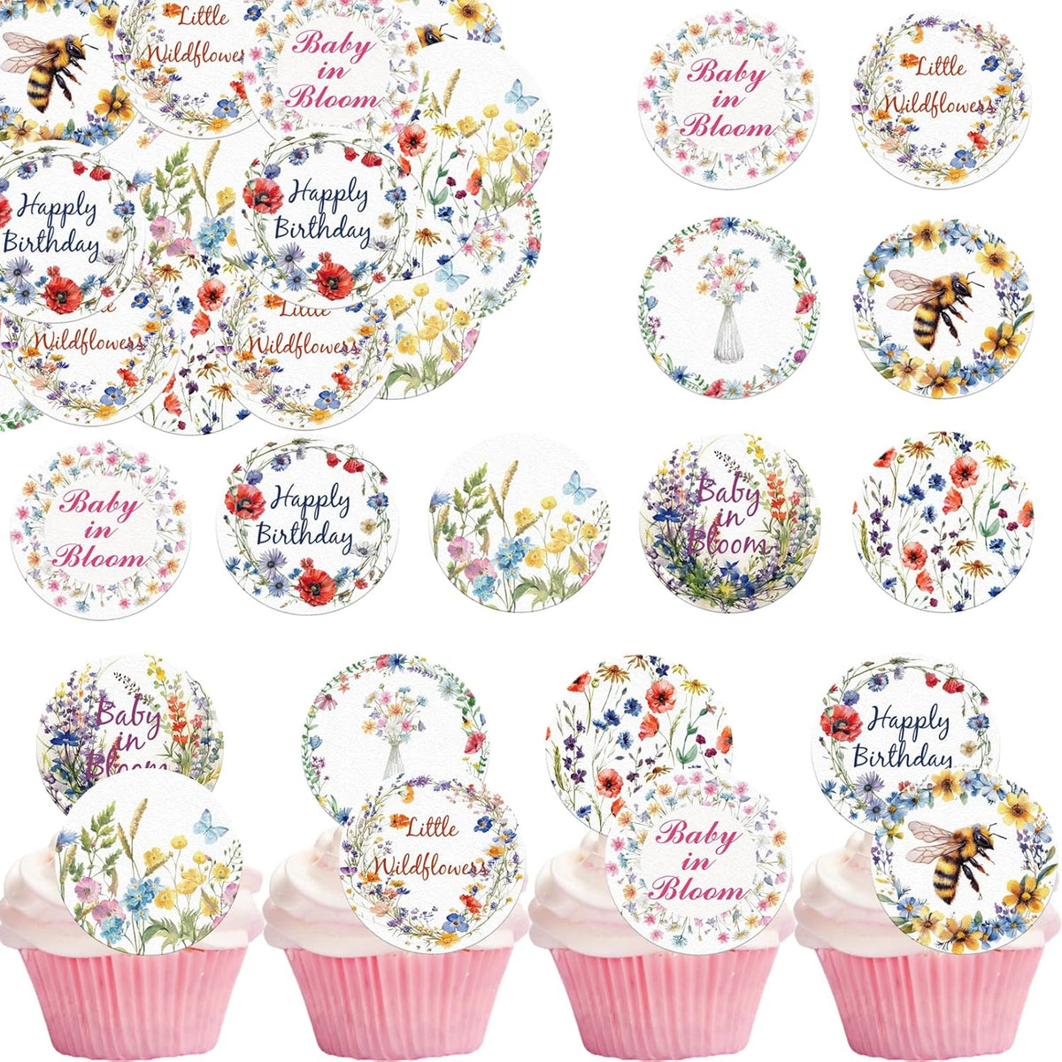 36PCS Edible Wildflower Cupcake Toppers Wafer Paper Baby in Bloom Baby Shower Decorations Flower
