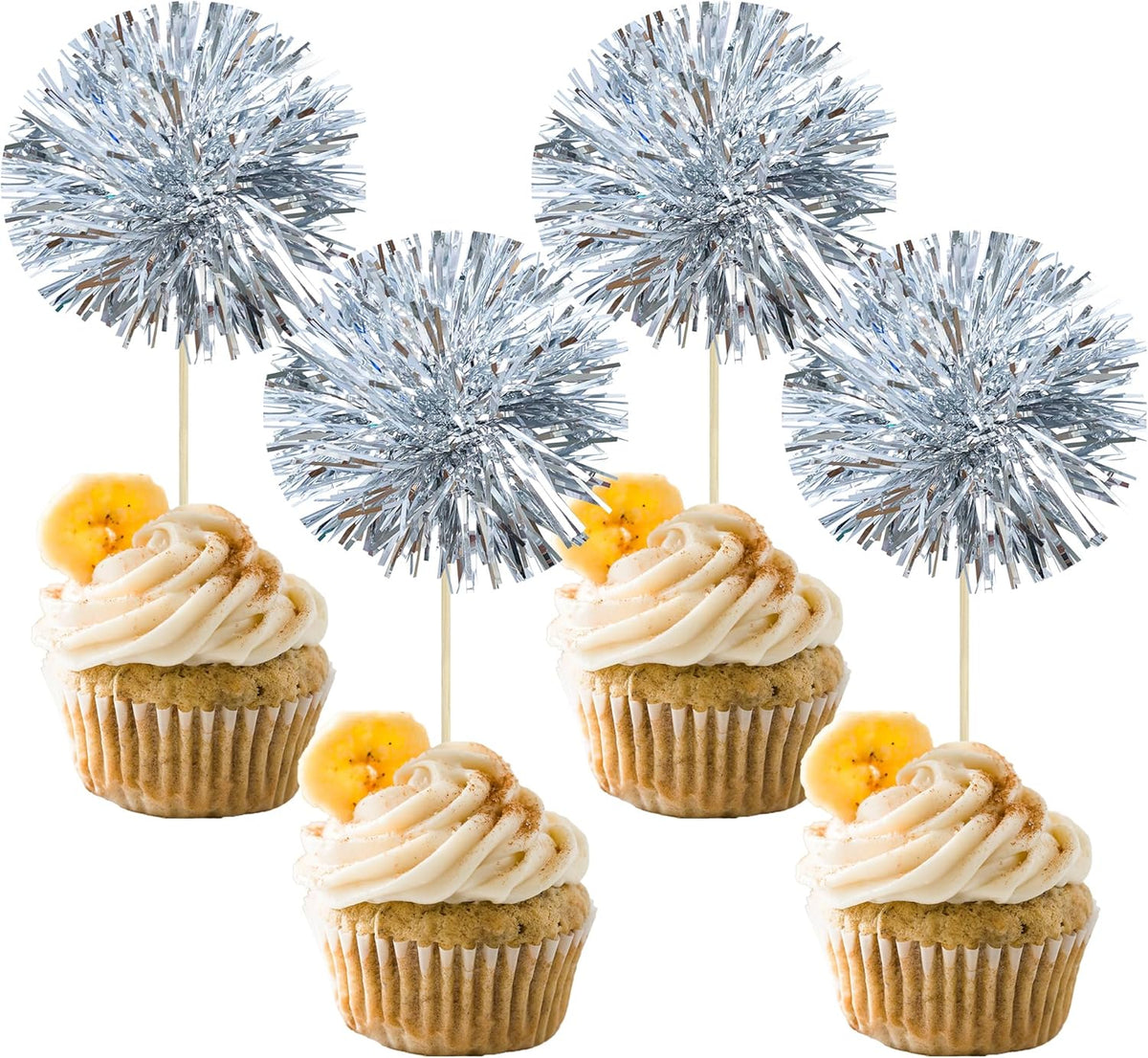 Gyufise 30Pcs Foil Firework Cupcake Toppers Sparkle Tinsel Cake Toppers Tinsel Drink Cake