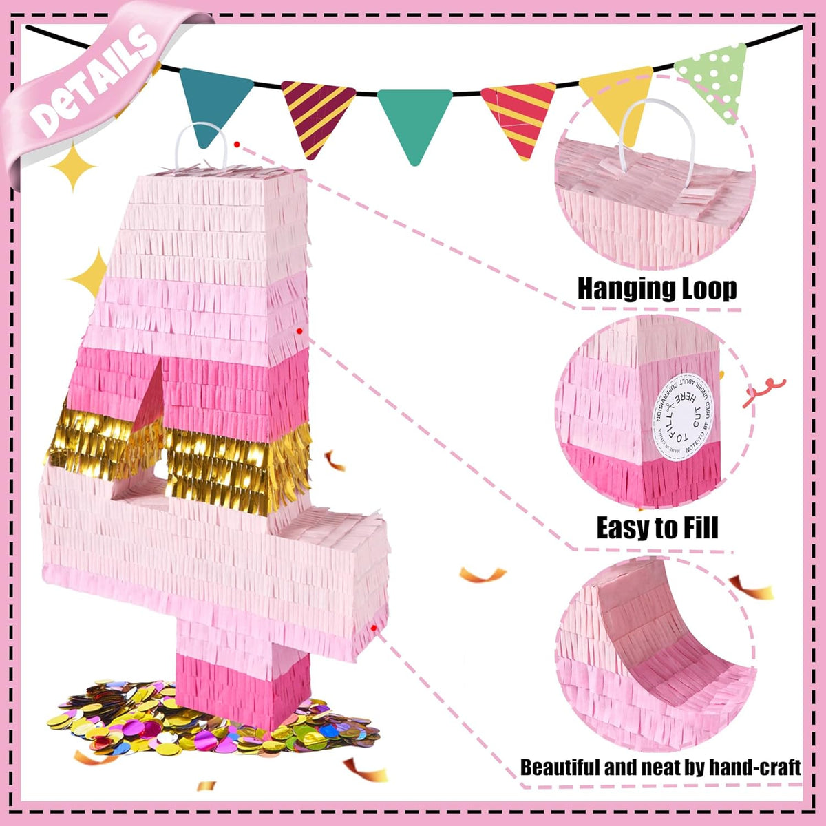 PCFING 20 Inch Number 4 Piñata Pink Gold with 30 Inch Piñata Stick Blindfold Confetti for Boys