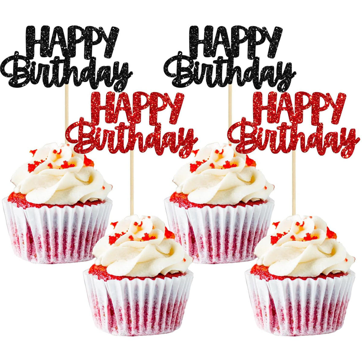 Gyufise 24Pcs Happy Birthday Cupcake Toppers Glitter Birthday Cupcake Food Picks for Celebrating