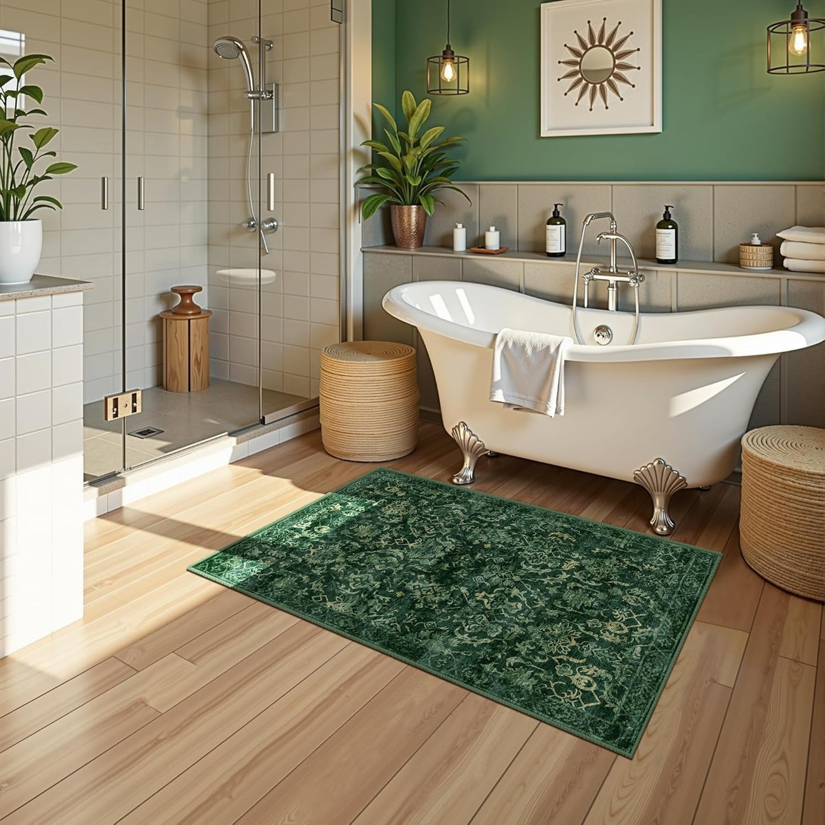 Dark Green Area Rug 2x3 Entryway Rug for Bedroom Bathroom, Non-Slip Low-Pile Washable Distressed