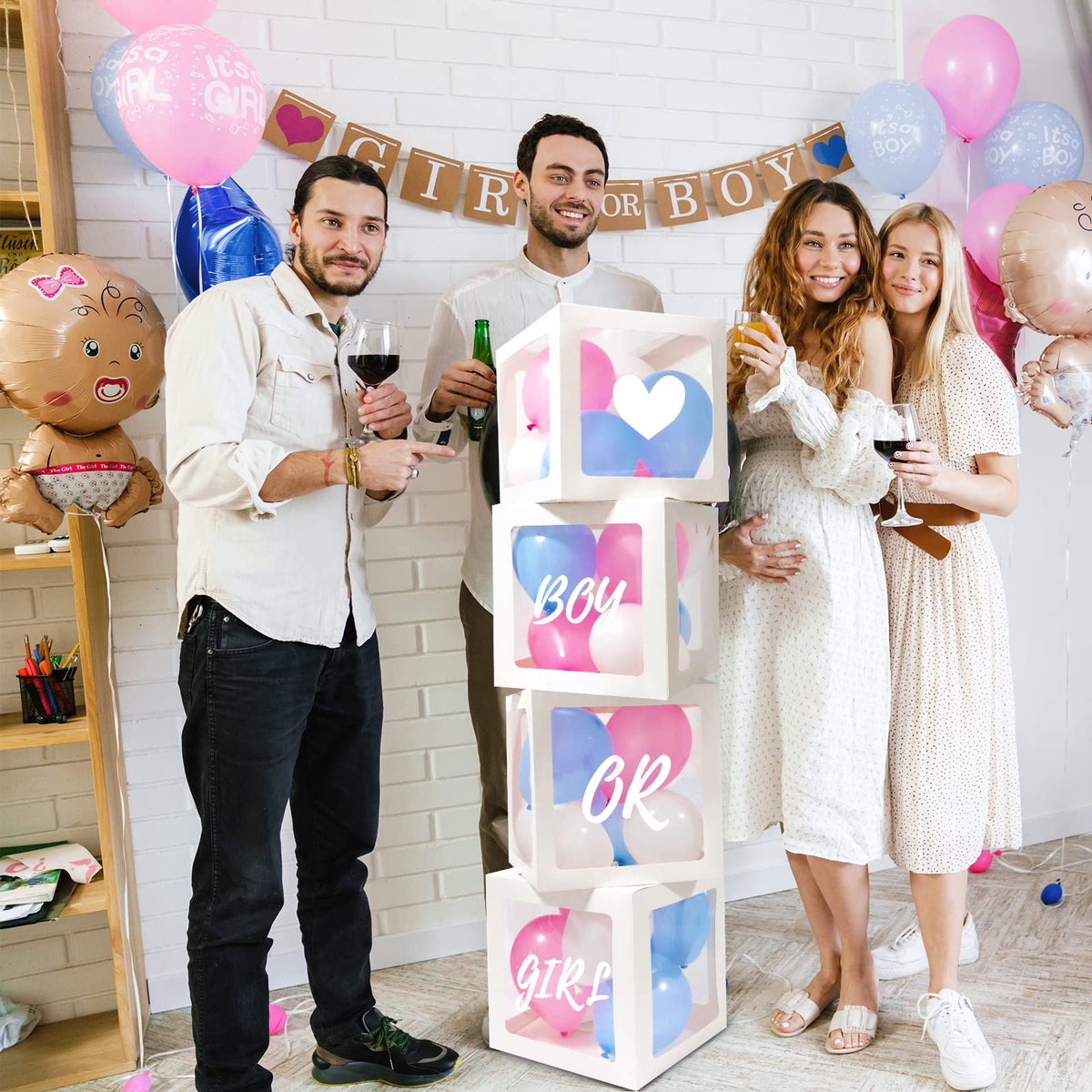RUBFAC Baby Boxes with Letters and 36 Balloons, 4pcs Clear Balloon Boxes for Gender Reveal Baby