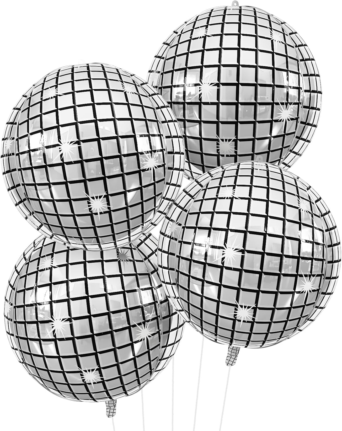 Disco Ball Balloons 4PC,Foil Disco Balloons 22 Inch 4D Round Metallic Silver Balloon for 70s 80s