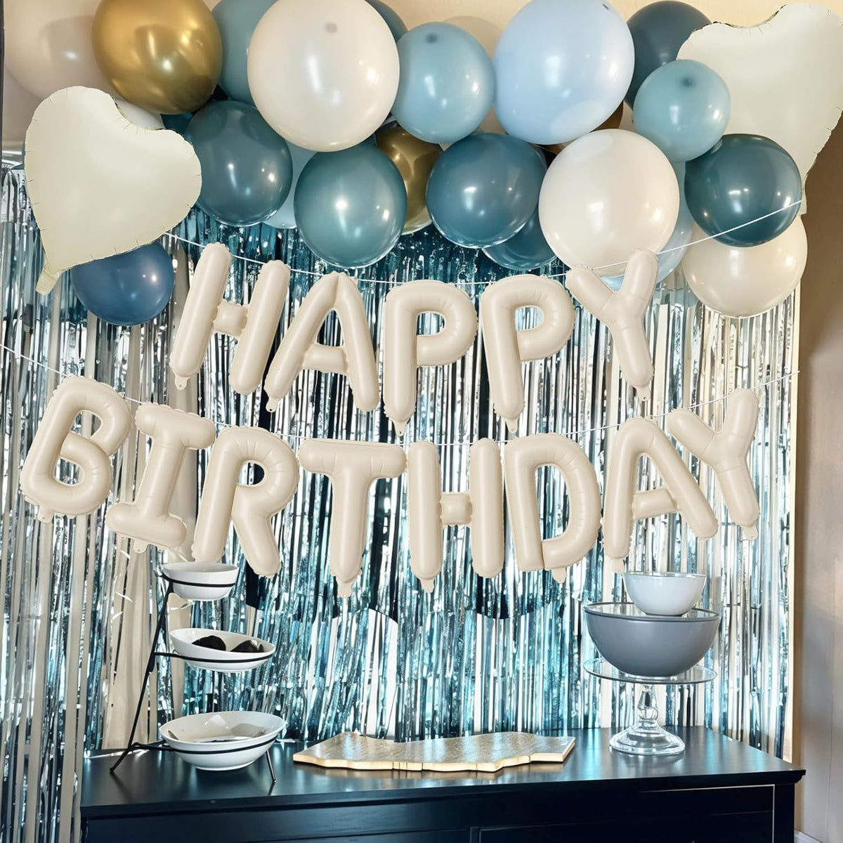 Happy Birthday Balloon Banner Cream Blue, 16 Inch Beige Mylar Letters Heart Foil Dusty Slate Blue
