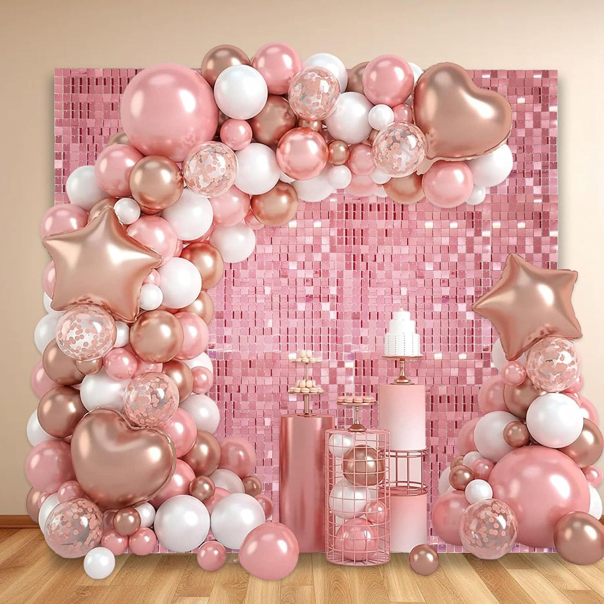 24PCS Rose Gold Shimmer Wall Backdrop, Square Sequin Backdrops Panel, Glitter Wall Background for