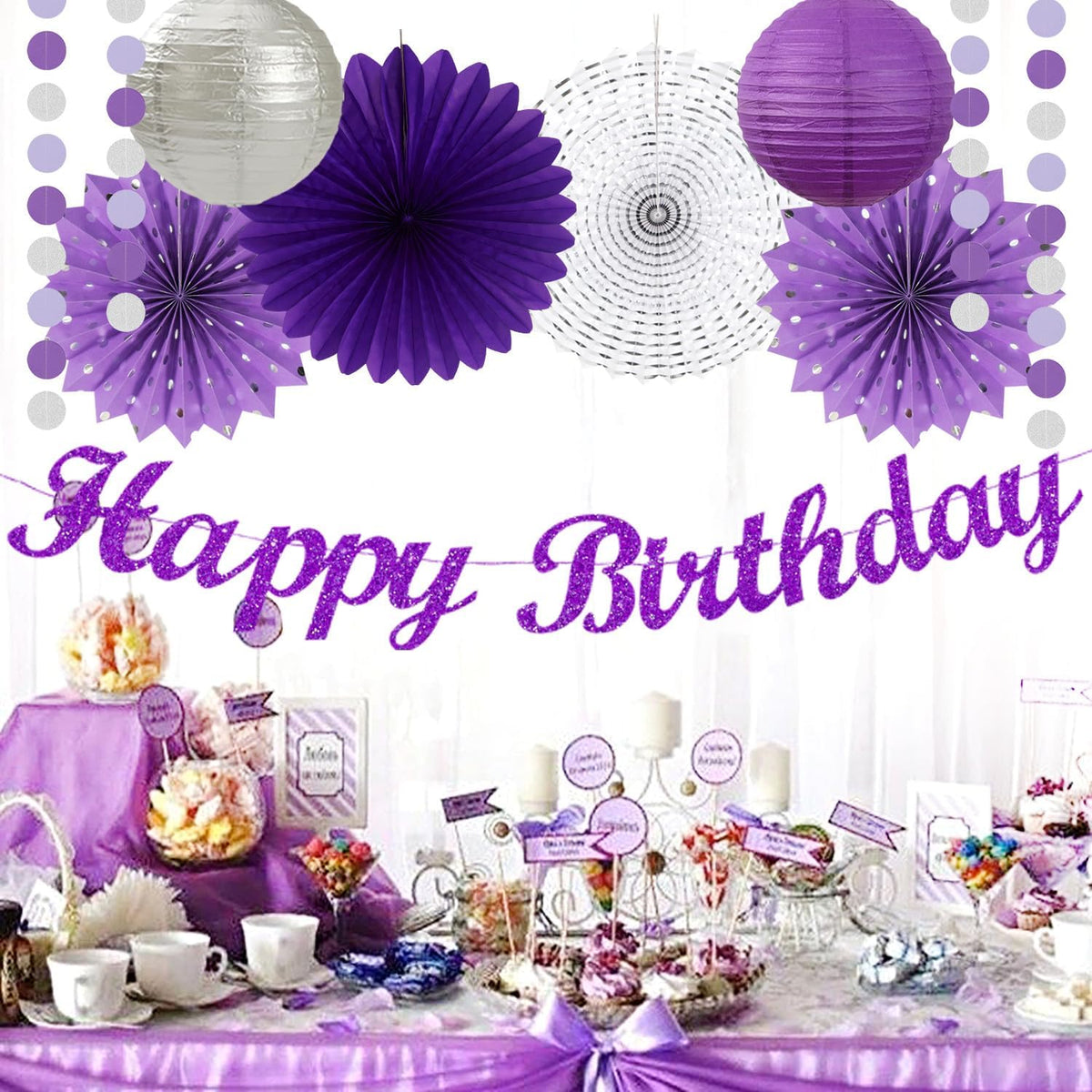 Purple Lilac-Lavender Silver Women Birthday Party-Decorations - 21pc Happy Banner,Paper Lanterns