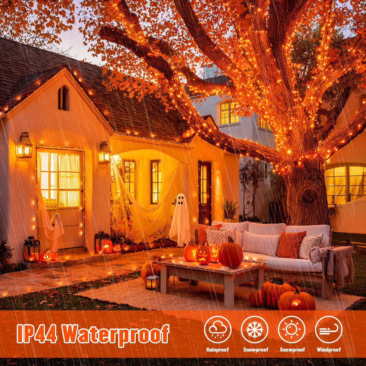JMEXSUSS 2 Pack Orange Halloween Lights: 100 LED 33ft Solar Halloween Lights Outdoor Waterproof - 8