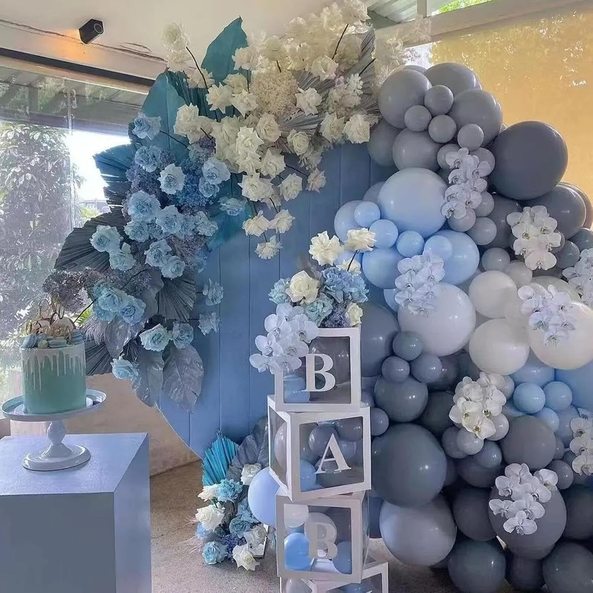 412Pcs Dusty Blue White Sand Balloon Arch Garland Kit,18 12 10 5 Inch Slate Fog Baby Blue Macaron