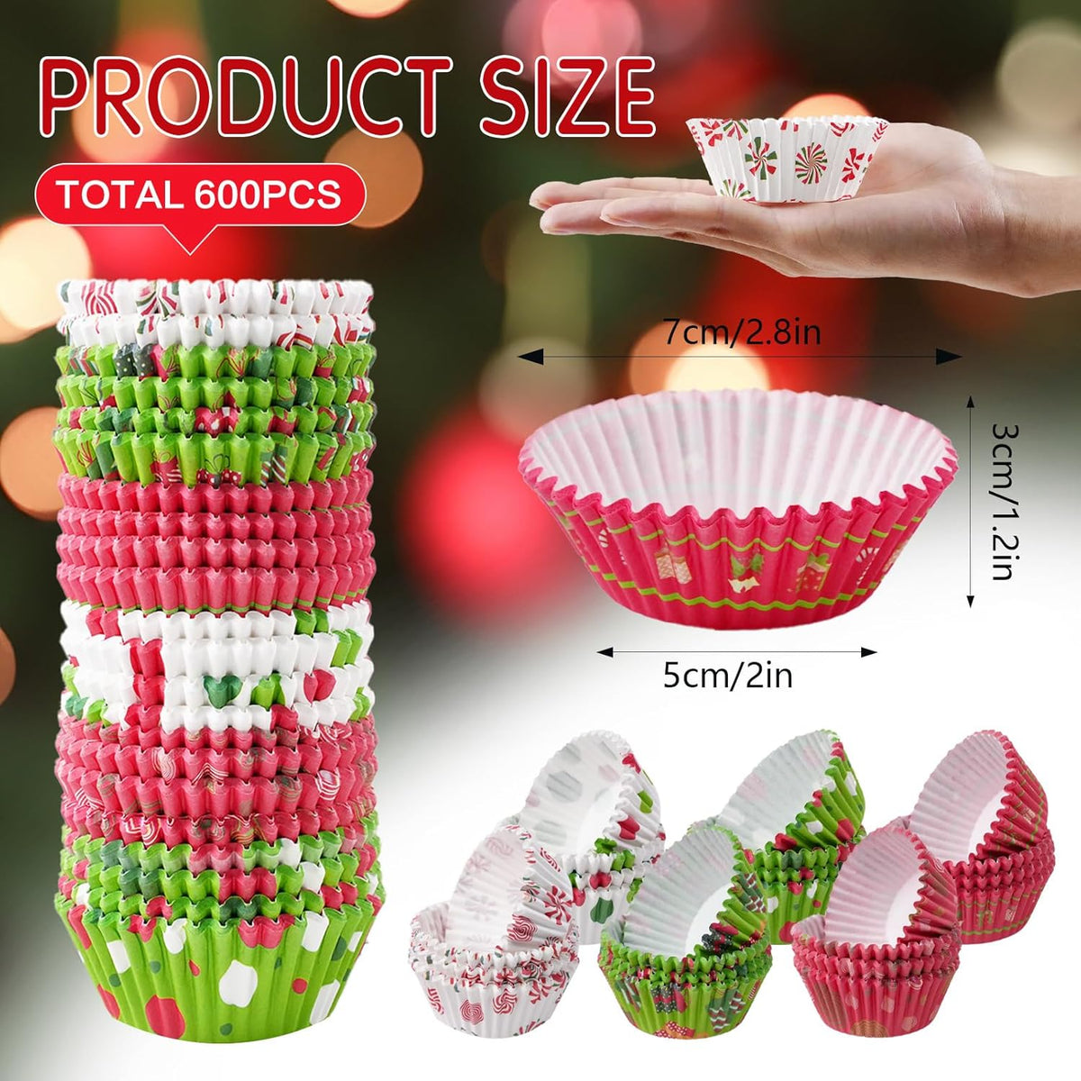 600 Count Christmas Cupcake Liners for Baking Red Green Muffin Mini Holiday Cupcake Liners for