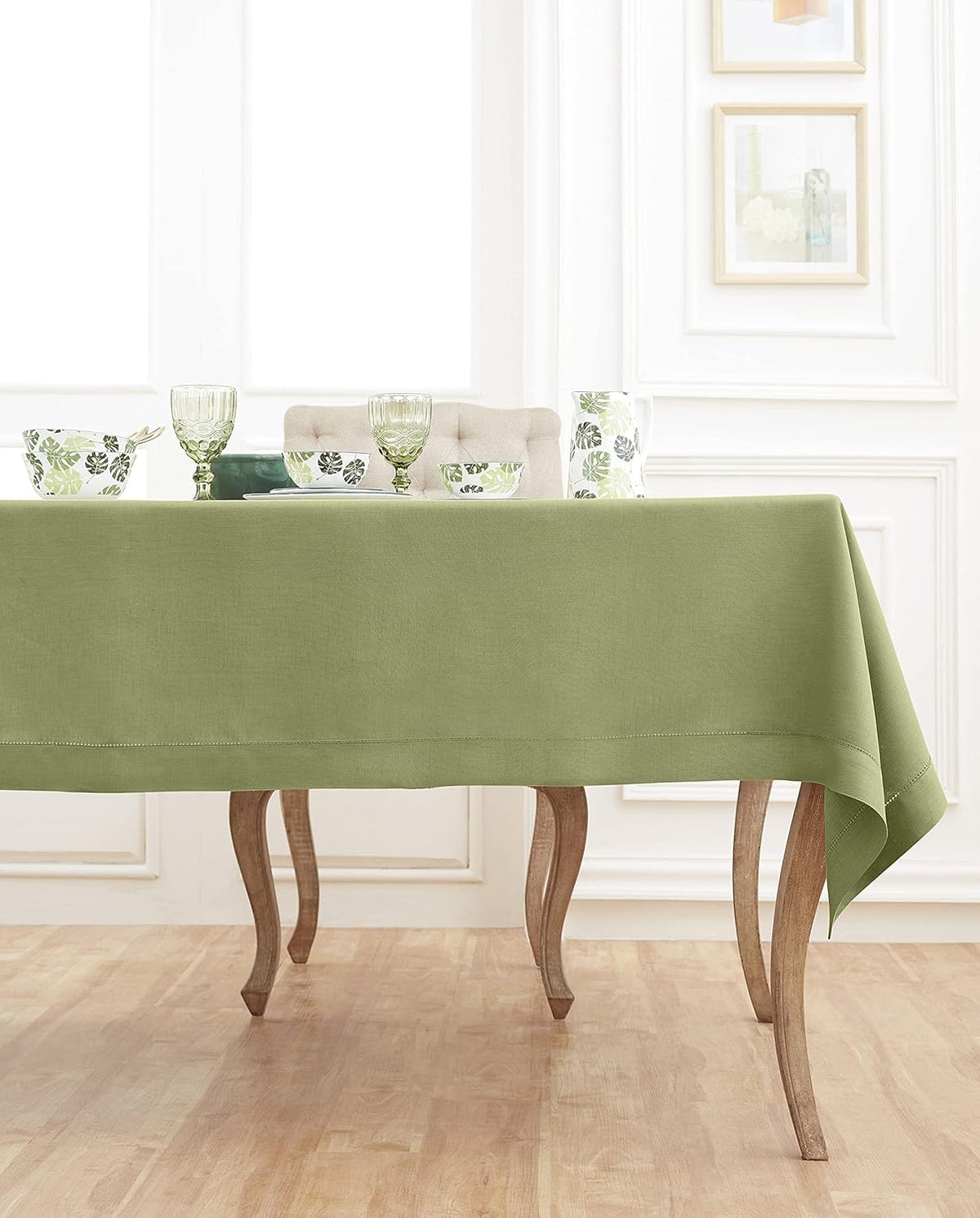 Solino Home Linen Moss Green Tablecloth 60 x 108 Inch - Classic Hemstitch, 100% Pure Linen