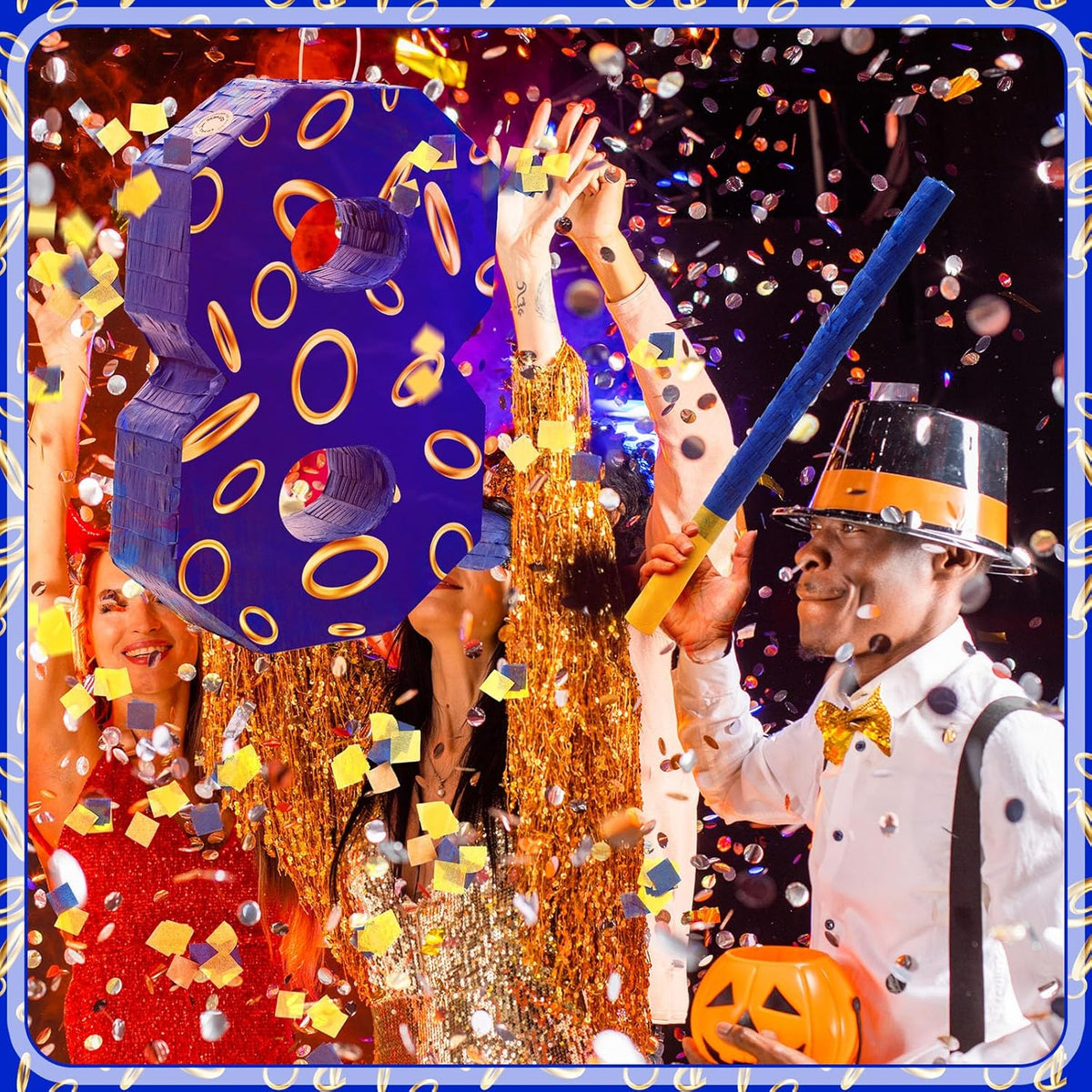 Number 8 Blue and Golden Rings Piñata for Kids Birthday Cartoon Theme Small Piñata with Blindfold
