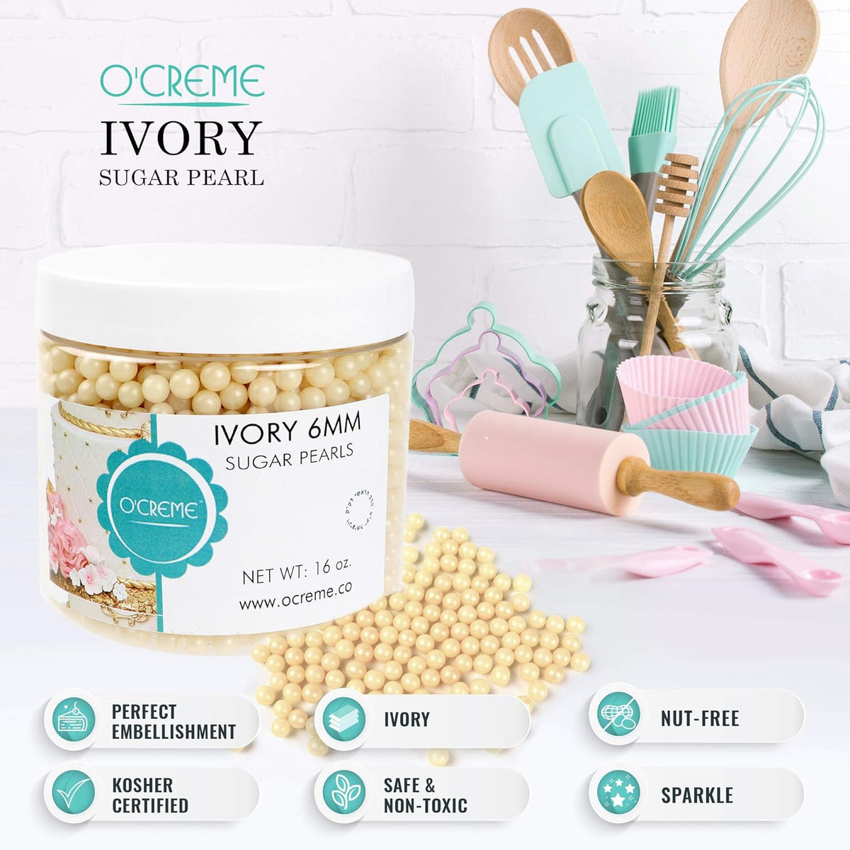 O'Creme Ivory Edible Sugar Pearls Cake Decorating Supplies for Bakers: Cookie, Cupcake & Icing