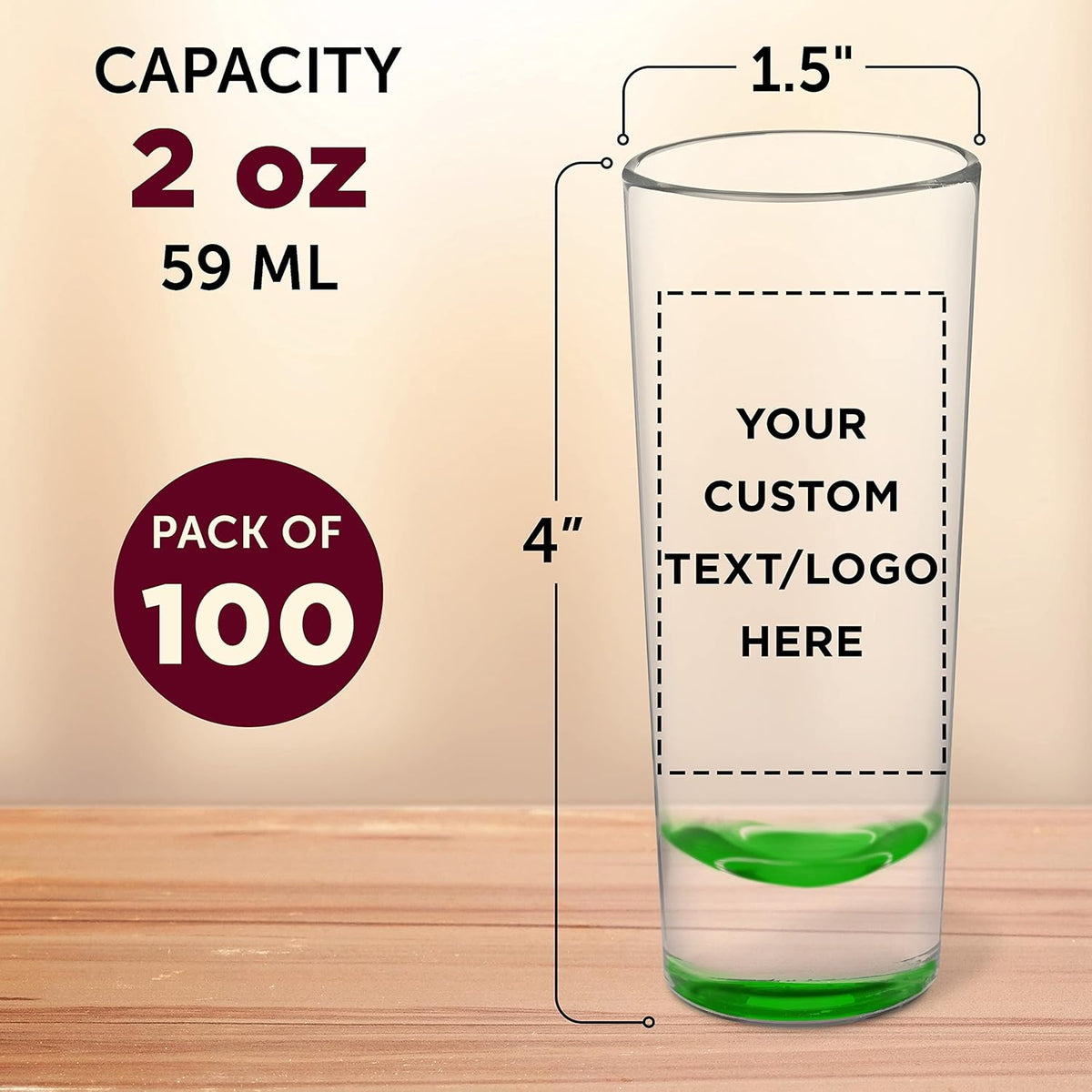 Custom Cordial Shooter Shot Glasses 2 oz. Set of 100, Personalized Bulk Pack - Great for Birthdays