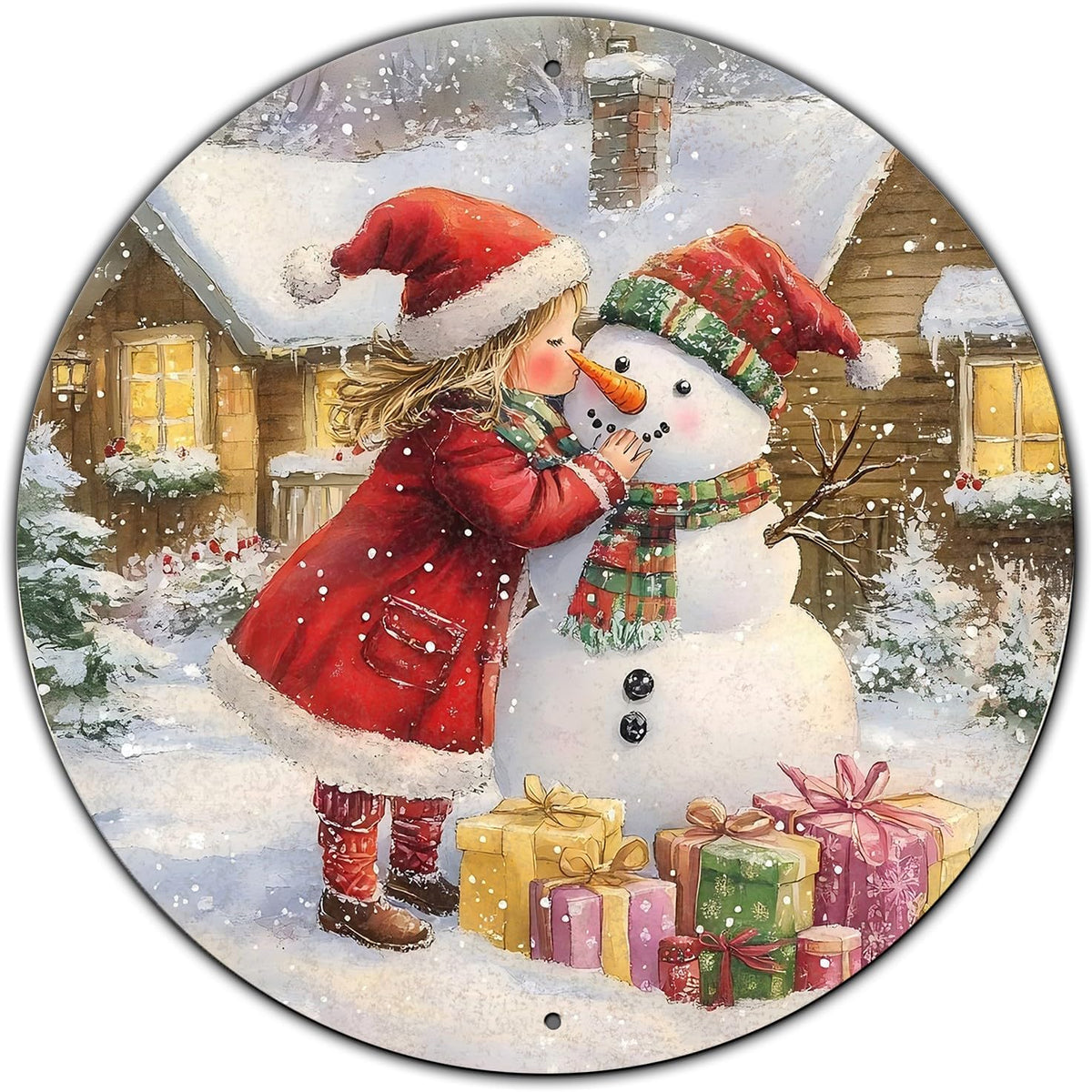 Round Wall Decor Christmas Metal Tin Sign Girl and Snowman Sign Rustic Wall Decor Wall Plaque