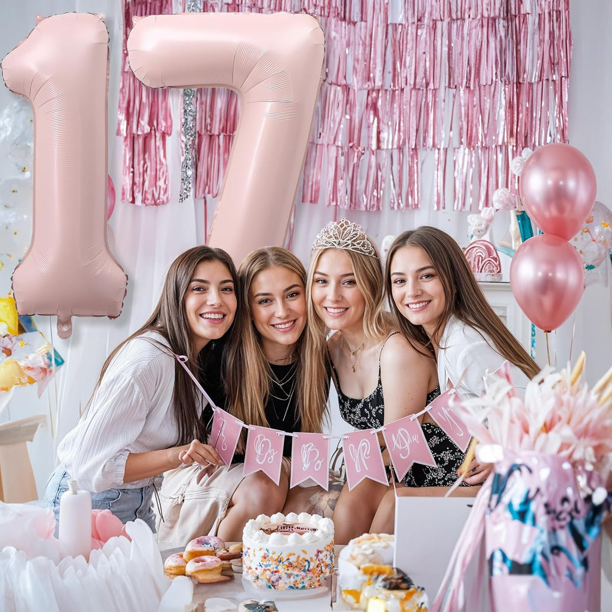 Pastel Pink 17 Balloon Number for Girls, 40'' Self Inflating Number 17 Balloons, Big Light Blush