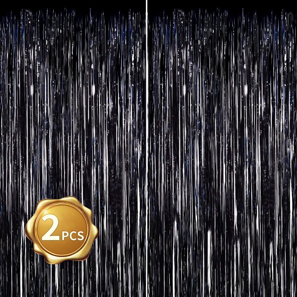 BEISHIDA 2 Pack Foil Fringe Curtain,Black Tinsel Metallic Curtains, Photo Backdrop Streamer Curtain