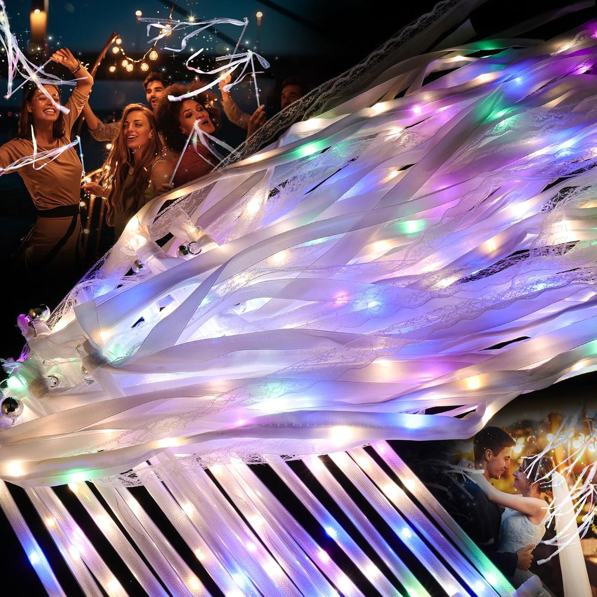 30 Pieces Light up Wedding Wands with Ribbons & Bells –LED Silk Wedd Fairy Wands Streamers with