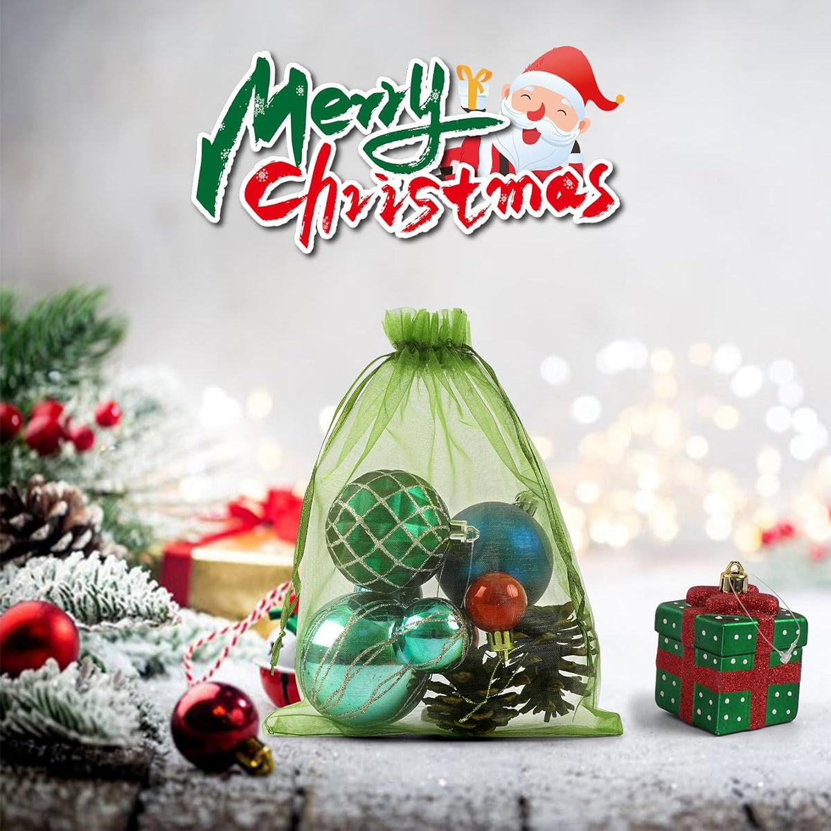 ANZNKU 100 Pack Green Organza Bags 6x9 inches Mesh Bags Drawstring, Sheer Organza Gift Pouches for