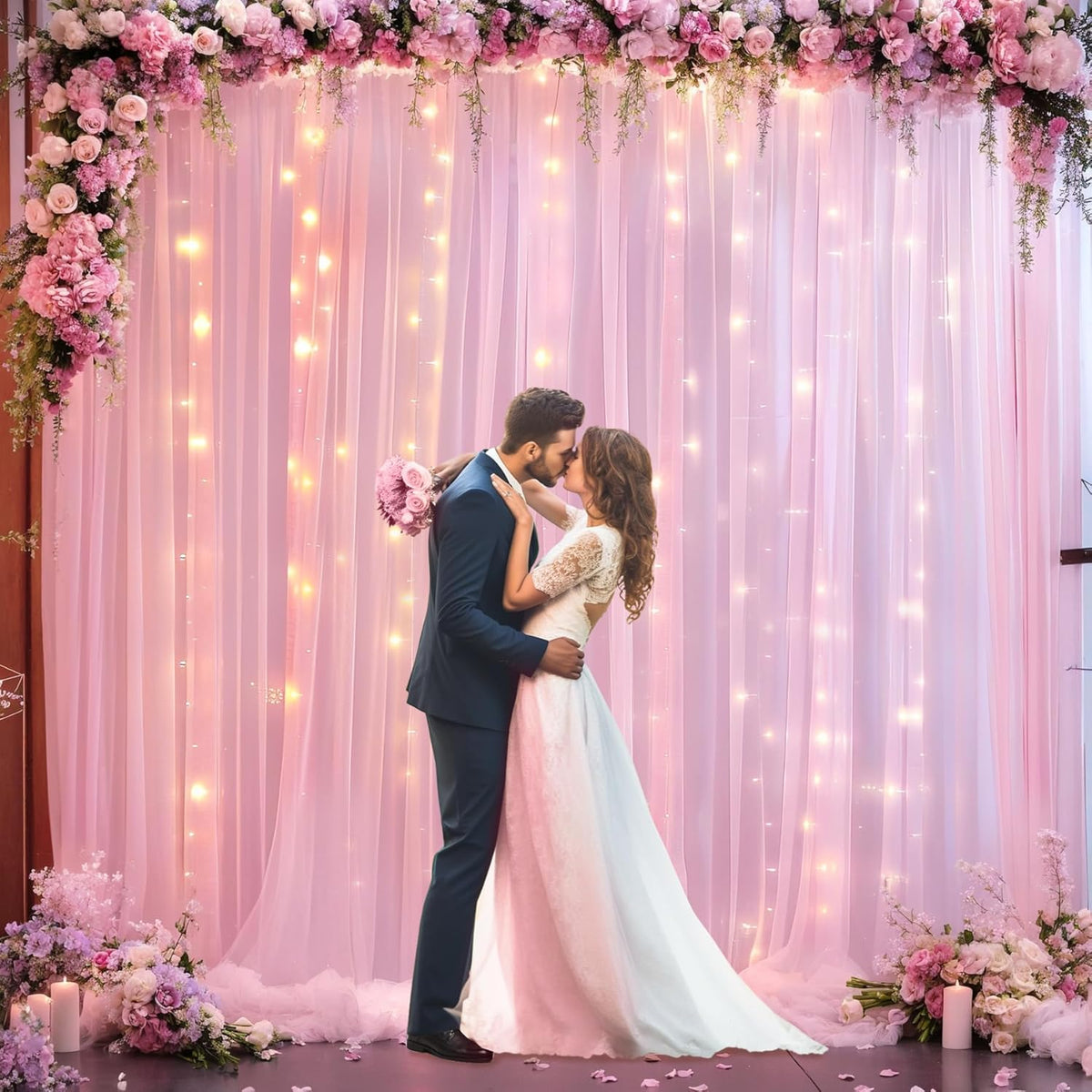 20ft x 10ft Pink Tulle Photo Backdrop Curtain with Lights String for Baby Shower Sheer Baby Pink